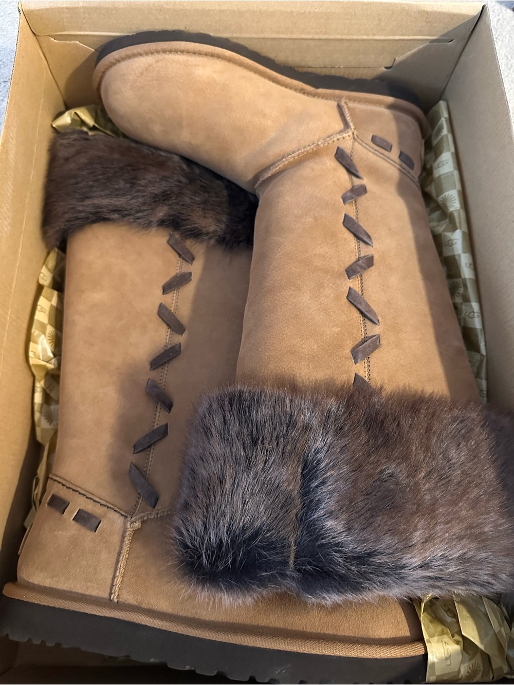 UGG Chestnut Suede Boots with Dark Brown Faux Fur Cuff